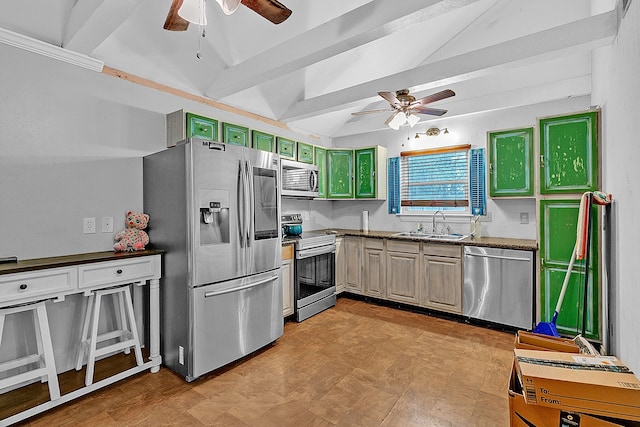 kitchen with sink, ceiling fan, appliances with stainless steel finishes, vaulted ceiling with beams, and green cabinetry