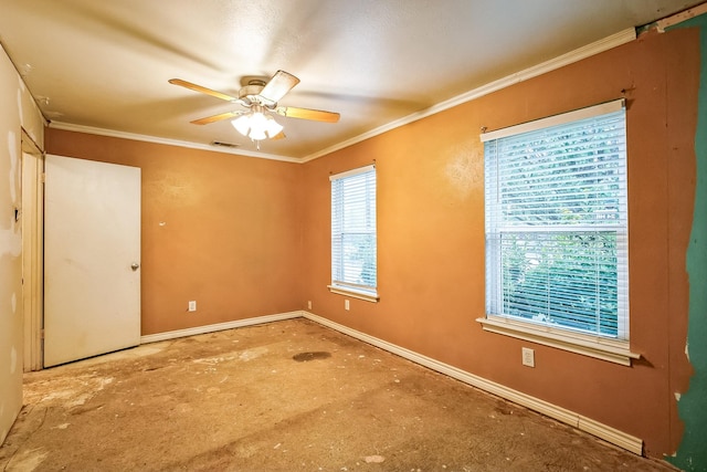 unfurnished room with crown molding and ceiling fan