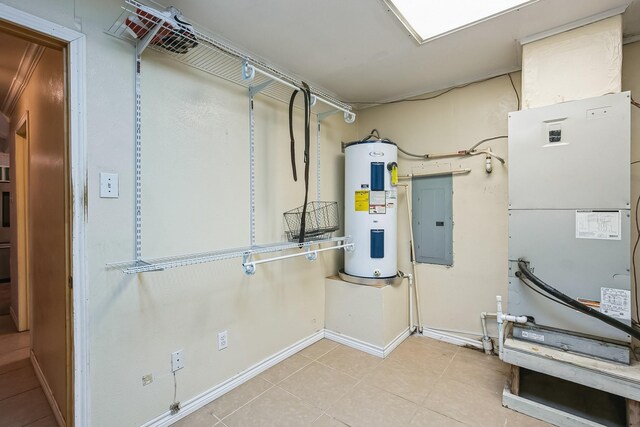 utilities featuring heating unit, electric panel, and water heater