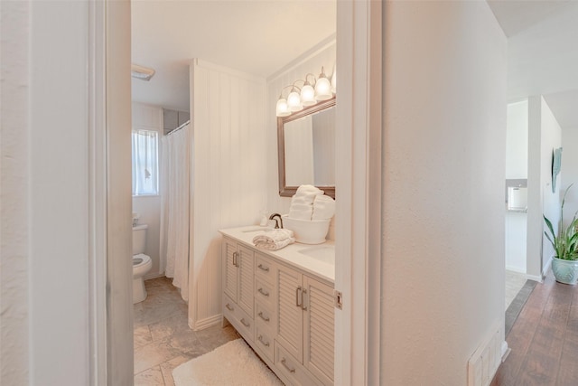 bathroom featuring hardwood / wood-style floors, vanity, and toilet