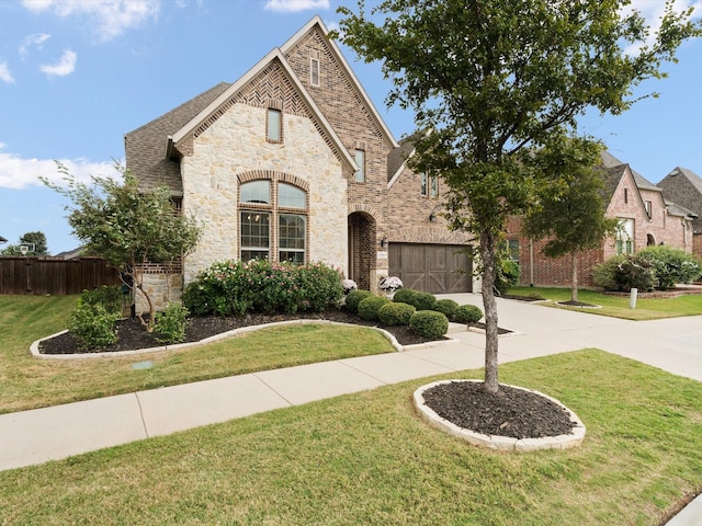 view of front of property featuring a garage and a front lawn