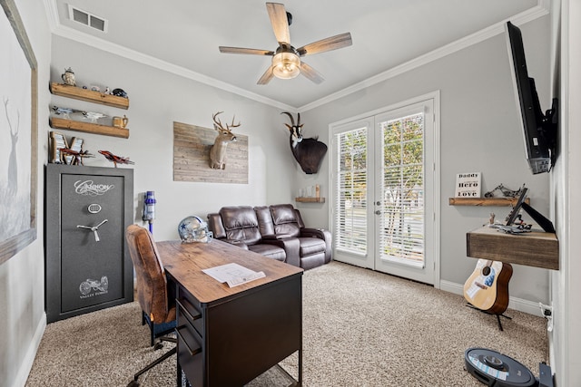 carpeted office featuring french doors, ceiling fan, and ornamental molding