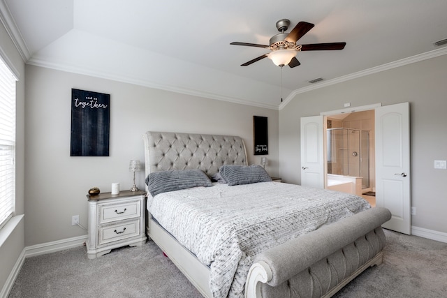 bedroom with ceiling fan, light colored carpet, and crown molding