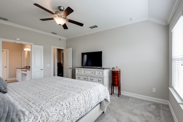 bedroom with connected bathroom, multiple windows, ceiling fan, and ornamental molding