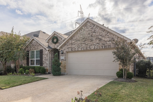 view of front of home with a garage and a front lawn