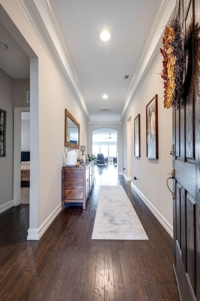 corridor featuring crown molding and dark hardwood / wood-style floors