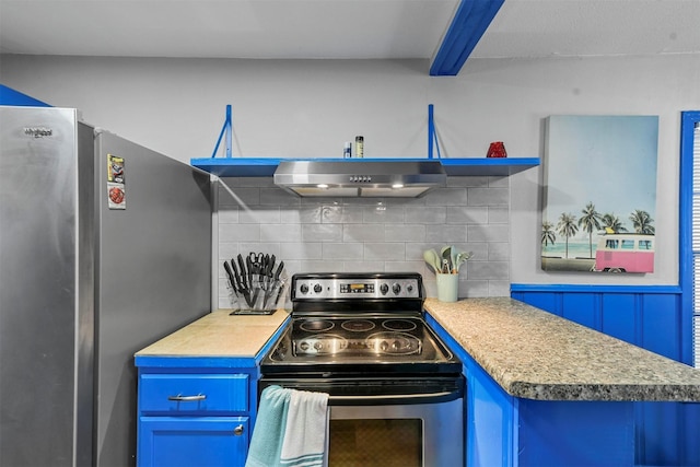 kitchen with decorative backsplash, stainless steel appliances, range hood, and blue cabinets