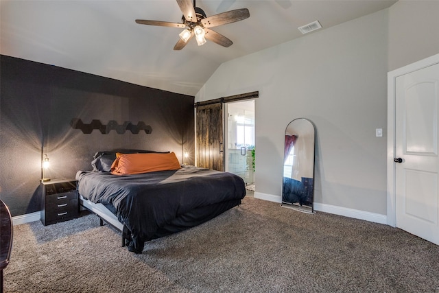 bedroom with carpet flooring, a barn door, ceiling fan, and lofted ceiling