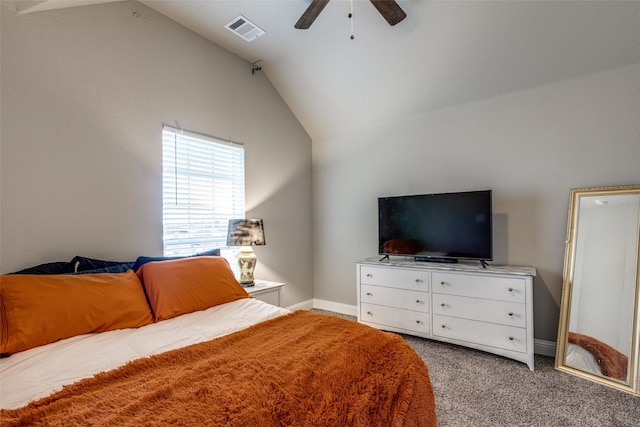 bedroom featuring carpet flooring, ceiling fan, and vaulted ceiling