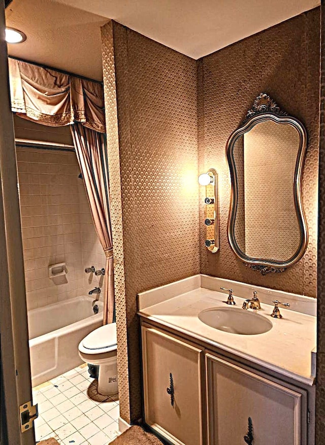 full bathroom with shower / bath combo, vanity, toilet, and tile patterned floors