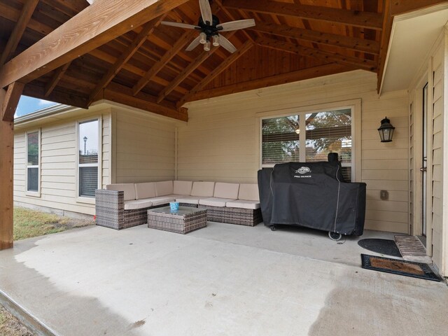 view of patio with grilling area, ceiling fan, and an outdoor living space