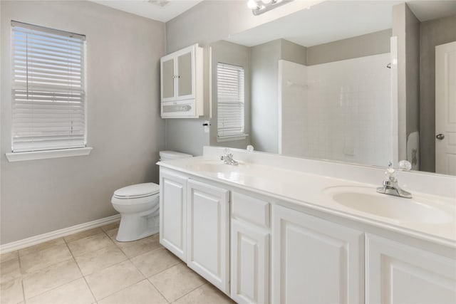 bathroom with tile patterned flooring, vanity, toilet, and walk in shower