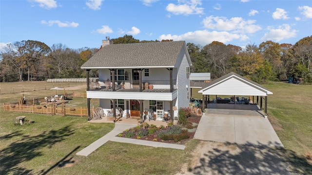 view of front facade with covered porch, a balcony, a carport, and a front yard