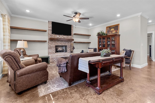 living room with ceiling fan, a fireplace, and crown molding