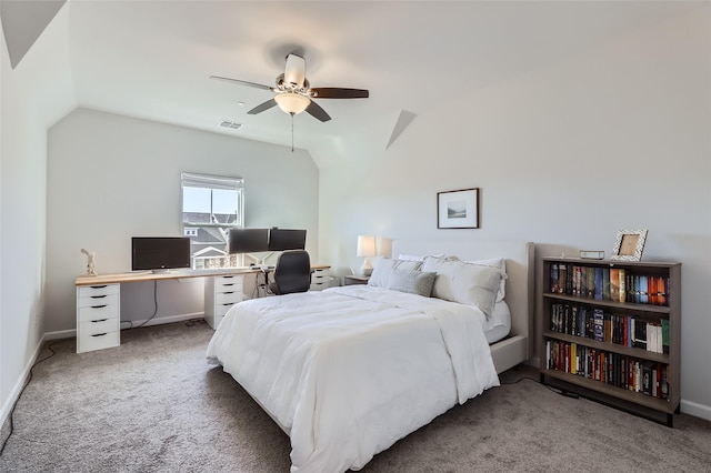 bedroom with carpet flooring, ceiling fan, and lofted ceiling