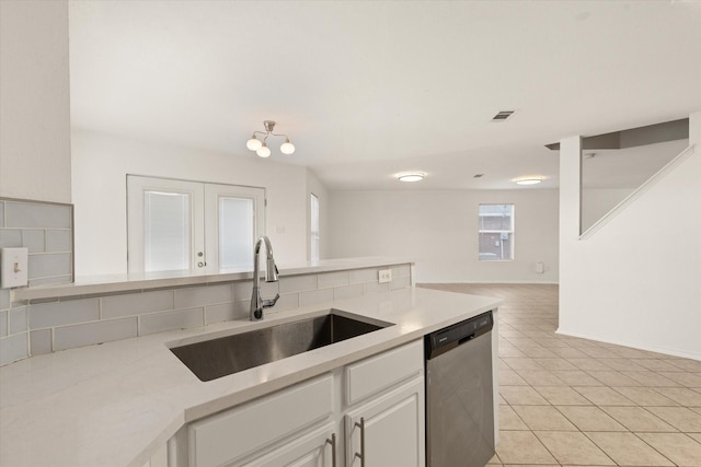 kitchen featuring backsplash, white cabinetry, stainless steel dishwasher, and sink