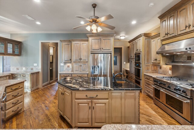 kitchen with sink, dark stone counters, a kitchen island with sink, stainless steel appliances, and crown molding