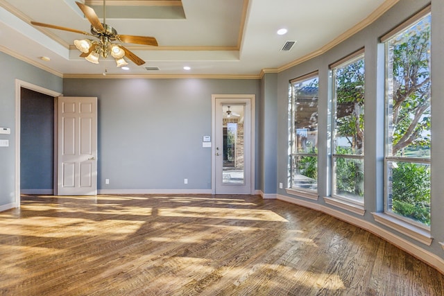 spare room featuring a raised ceiling, ornamental molding, hardwood / wood-style flooring, and a wealth of natural light