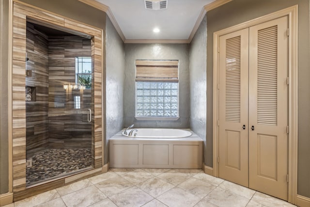 bathroom with crown molding and plus walk in shower