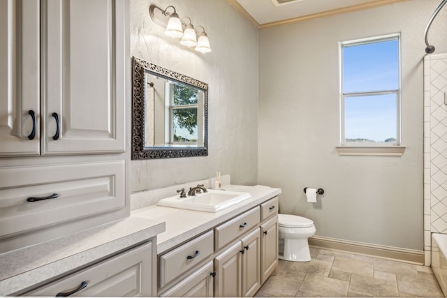 full bathroom featuring toilet, vanity, bathing tub / shower combination, and ornamental molding