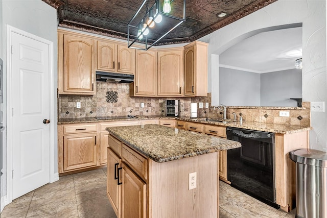 kitchen featuring light stone countertops, sink, light brown cabinetry, a kitchen island, and black appliances