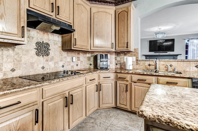 kitchen with decorative backsplash, light brown cabinetry, light stone counters, ornamental molding, and sink