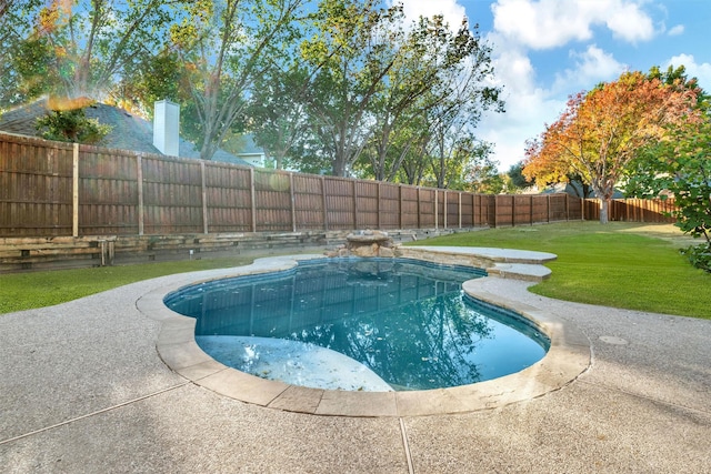 view of swimming pool with a yard and a patio