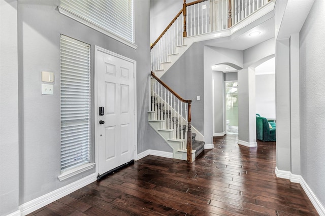 foyer entrance featuring dark hardwood / wood-style floors and a high ceiling