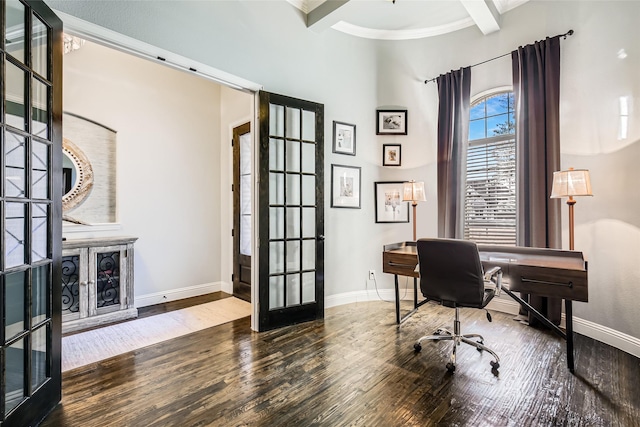 office with french doors, beamed ceiling, and hardwood / wood-style floors