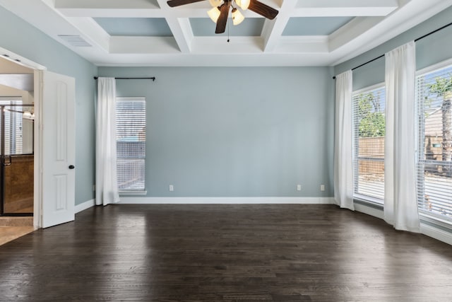 empty room with coffered ceiling, beamed ceiling, dark hardwood / wood-style floors, and ceiling fan