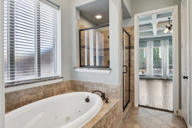 bathroom featuring tile patterned floors, ceiling fan, shower with separate bathtub, coffered ceiling, and beamed ceiling