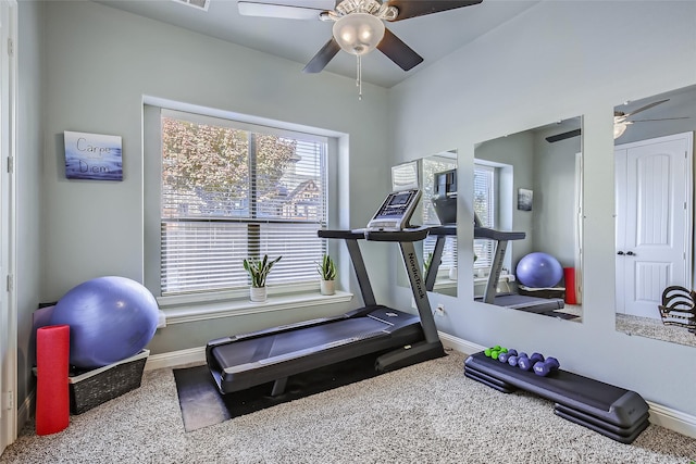 exercise area featuring carpet and ceiling fan