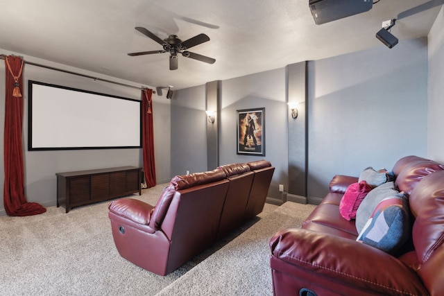 cinema with light carpet and ceiling fan