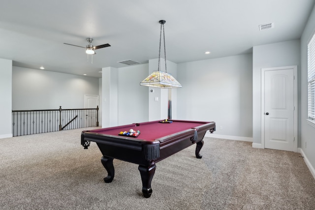 rec room with pool table, ceiling fan, and carpet flooring