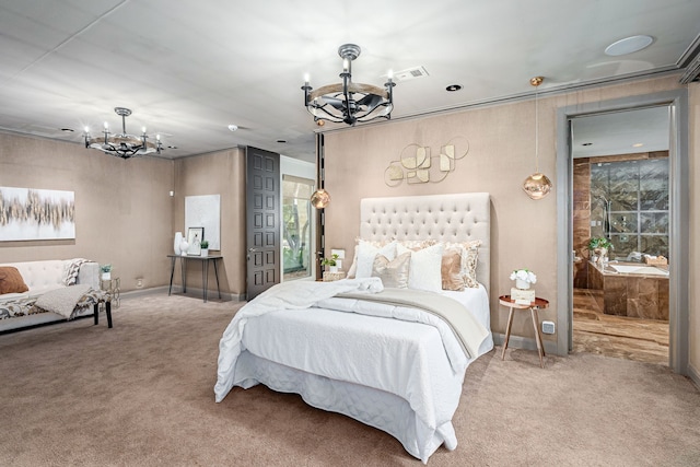 bedroom with carpet, multiple windows, and a notable chandelier