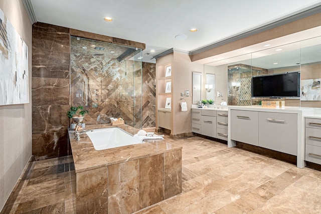 bathroom with separate shower and tub, tile walls, and ornamental molding