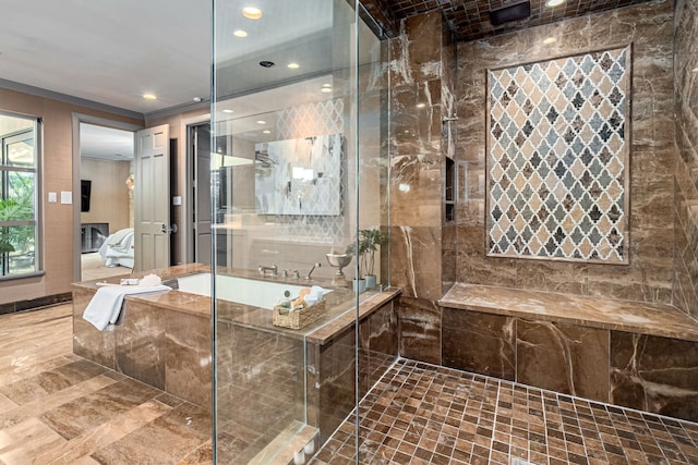 bathroom featuring a tile shower and crown molding