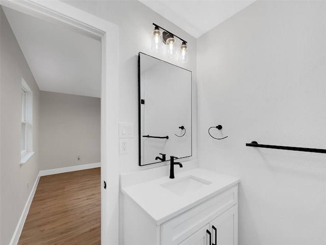 bathroom with vanity and wood-type flooring