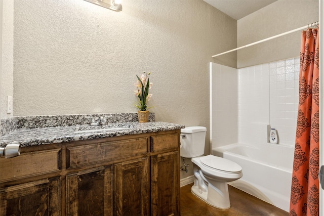 full bathroom with shower / bath combo with shower curtain, vanity, and toilet