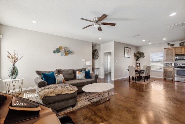 living room with ceiling fan