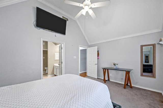 bedroom featuring carpet flooring, ceiling fan, lofted ceiling, and ornamental molding