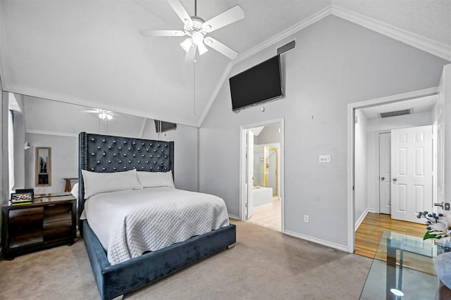 carpeted bedroom featuring high vaulted ceiling, ceiling fan, ornamental molding, and connected bathroom