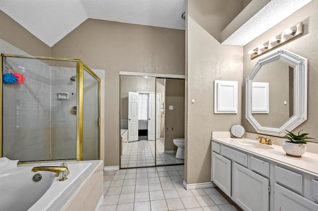 full bathroom featuring vanity, a textured ceiling, tile patterned flooring, toilet, and lofted ceiling