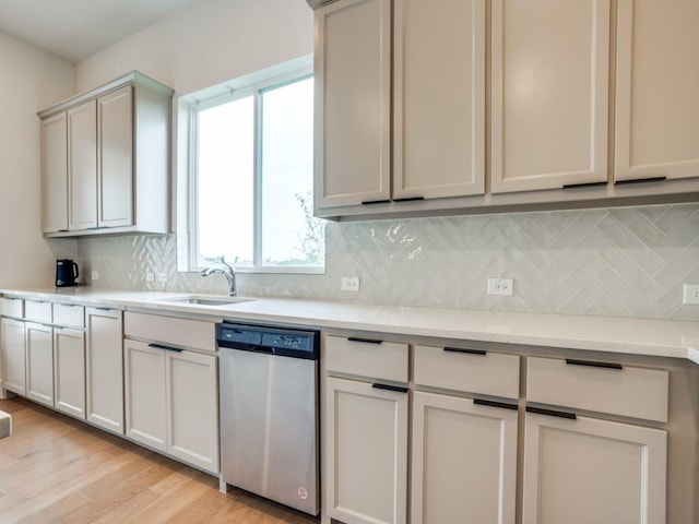 kitchen featuring sink, decorative backsplash, stainless steel dishwasher, light stone countertops, and light wood-type flooring