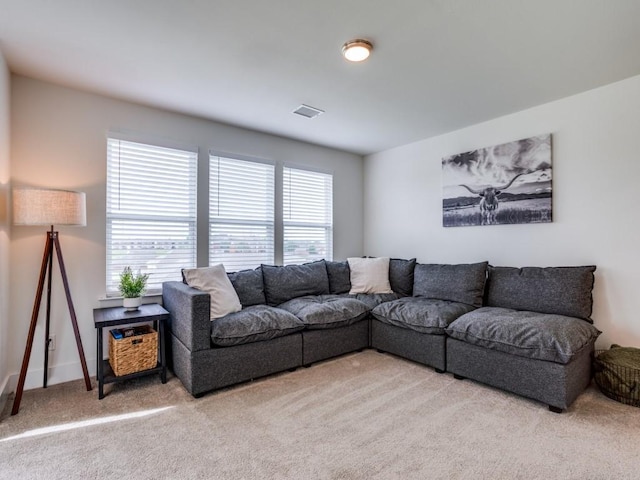 living room featuring light carpet