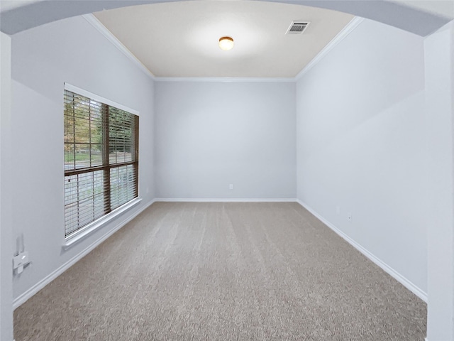 spare room featuring carpet floors and crown molding