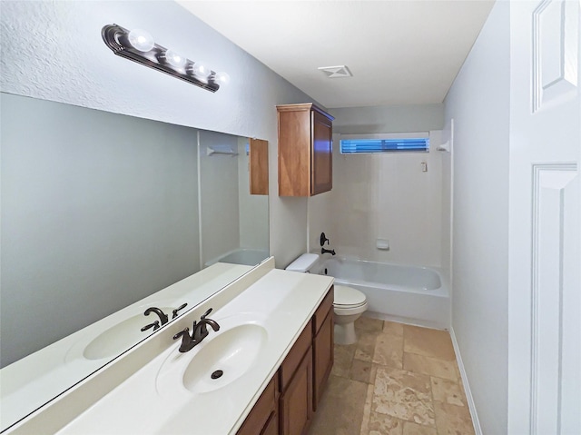 full bathroom with vanity, toilet, and bathing tub / shower combination