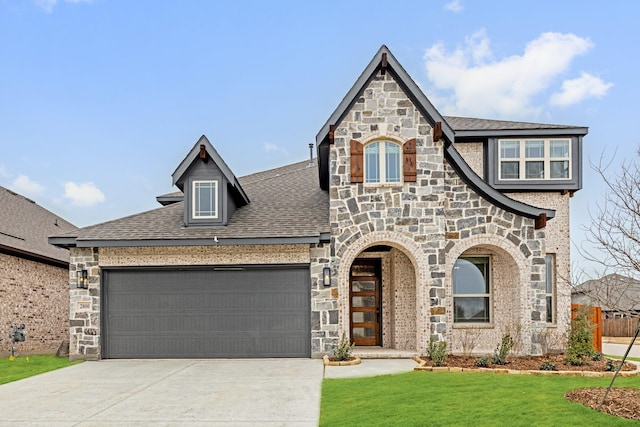 view of front facade with a garage and a front lawn