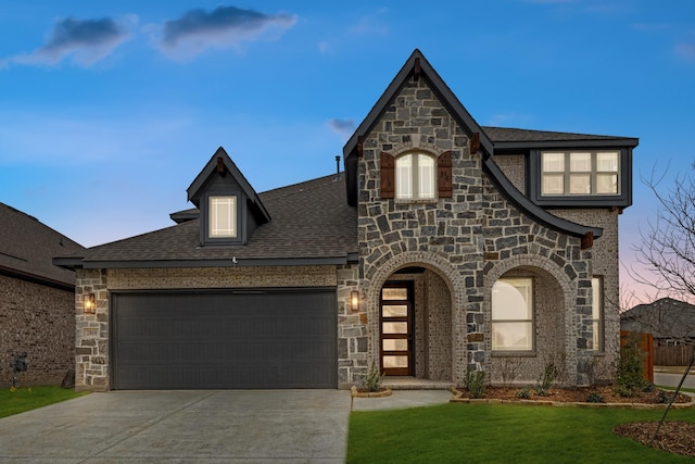 view of front of house with a garage and a lawn