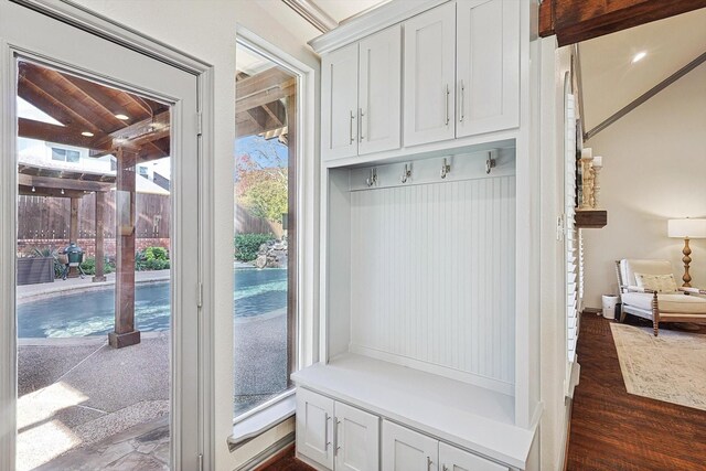 mudroom with dark wood-type flooring